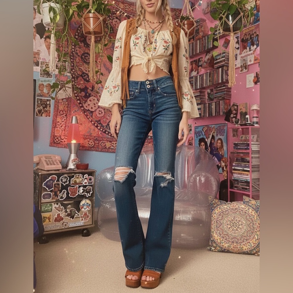 AEO Distressed Super Hi-Rise Artist Flare Jeans | 00 / Short 🚚💨